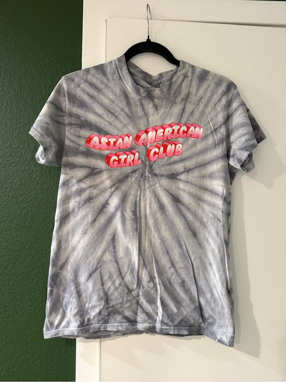 Asian American Girl Club Tie-Dye Tee — Gray with Pink Graphic